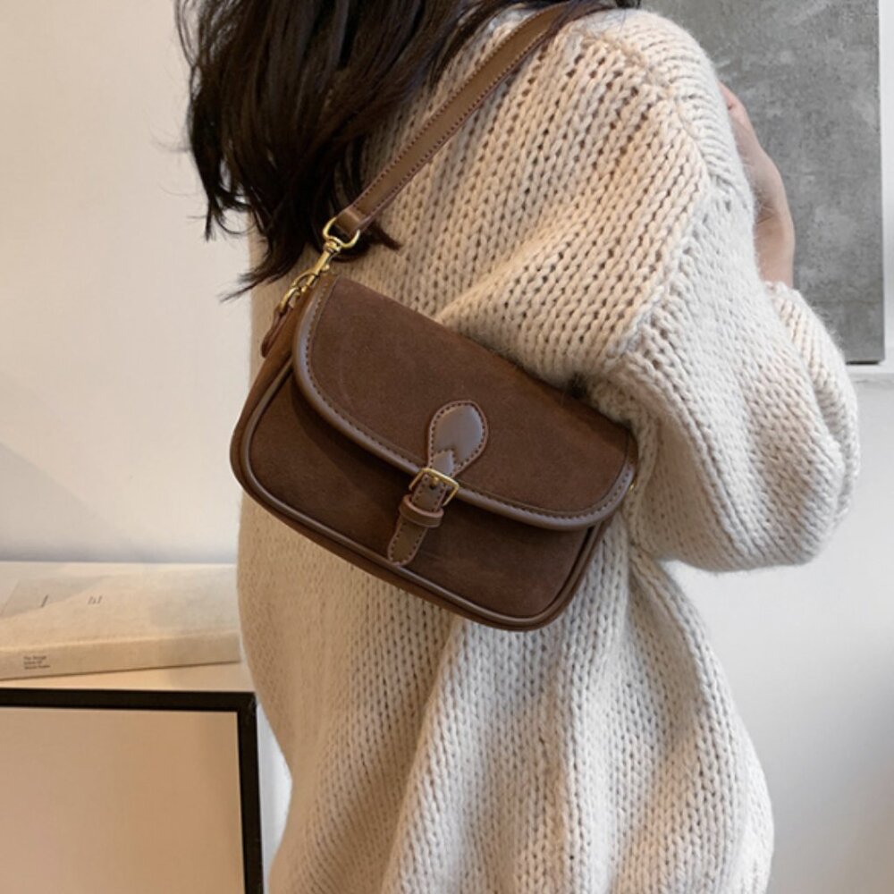 Faux Brown Suede Buckle Detail Crossbody